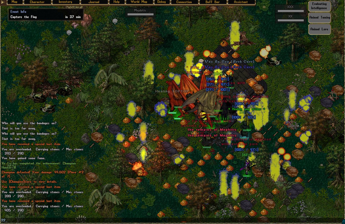 Mephitis defeated at the end of a champion spawn, with the damage placing message in the journal