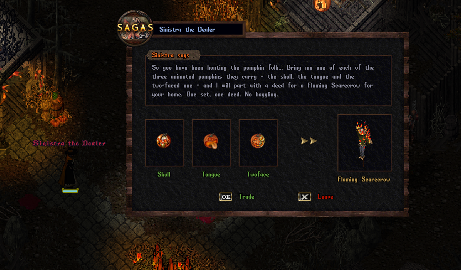 Sinistra the Dealer beside her trade window: the three lanterns, Skull, Tongue and Twoface, and the Flaming Scarecrow she gives for them