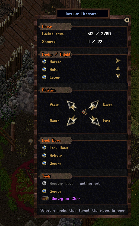 The Interior Decorator window: house counts, Facing / Height, Position compass, Lock Down and Tools