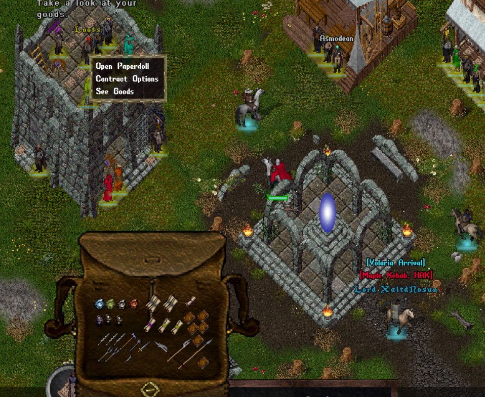 A player vendor's context menu, offering Open Paperdoll, Contract Options and See Goods